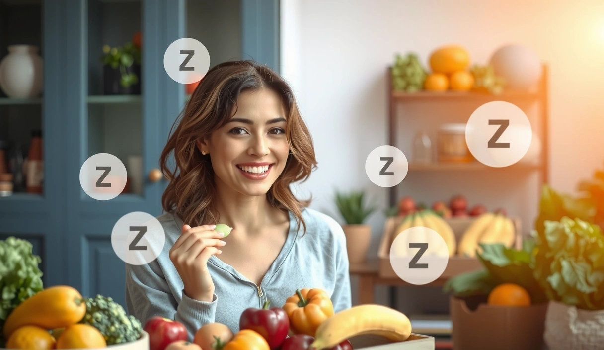 Femeie zâmbind, mâncând fructe proaspete și legume, cu simboluri pentru zinc în jurul ei, într-un mediu natural și luminos.