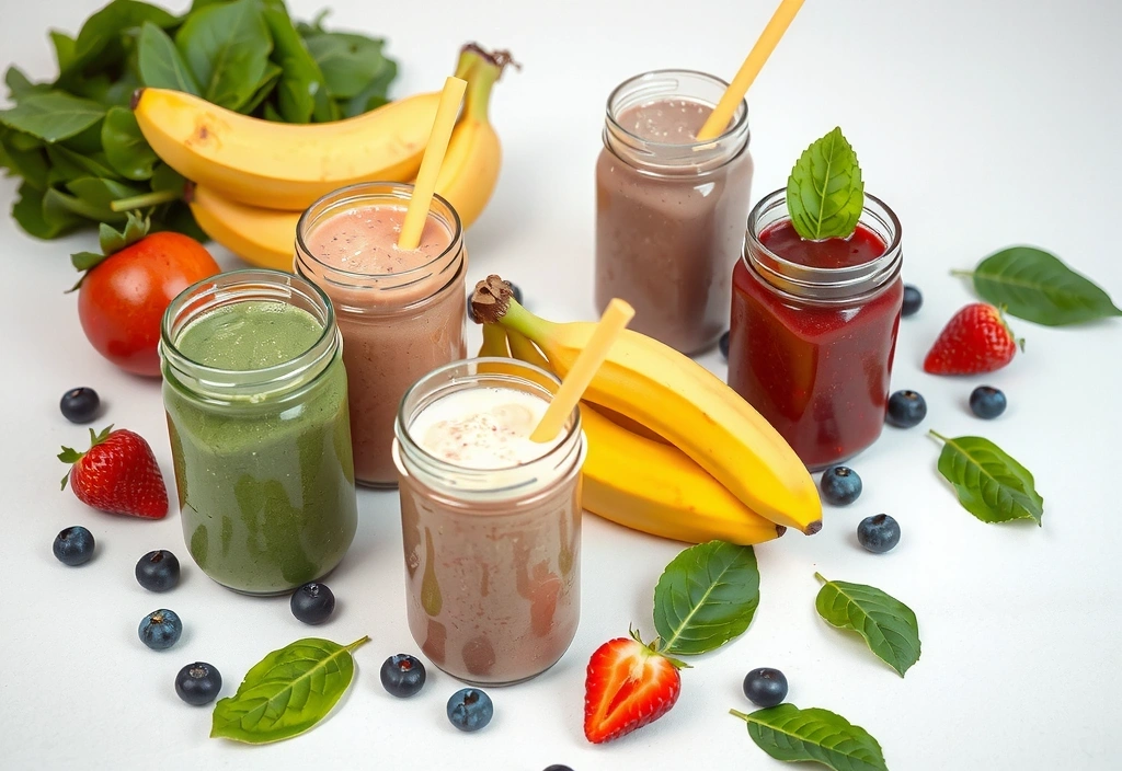 Pahare cu smoothie-uri colorate și fructe proaspete