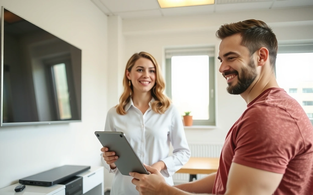 Dietetician explicând planul alimentar unui client zâmbitor