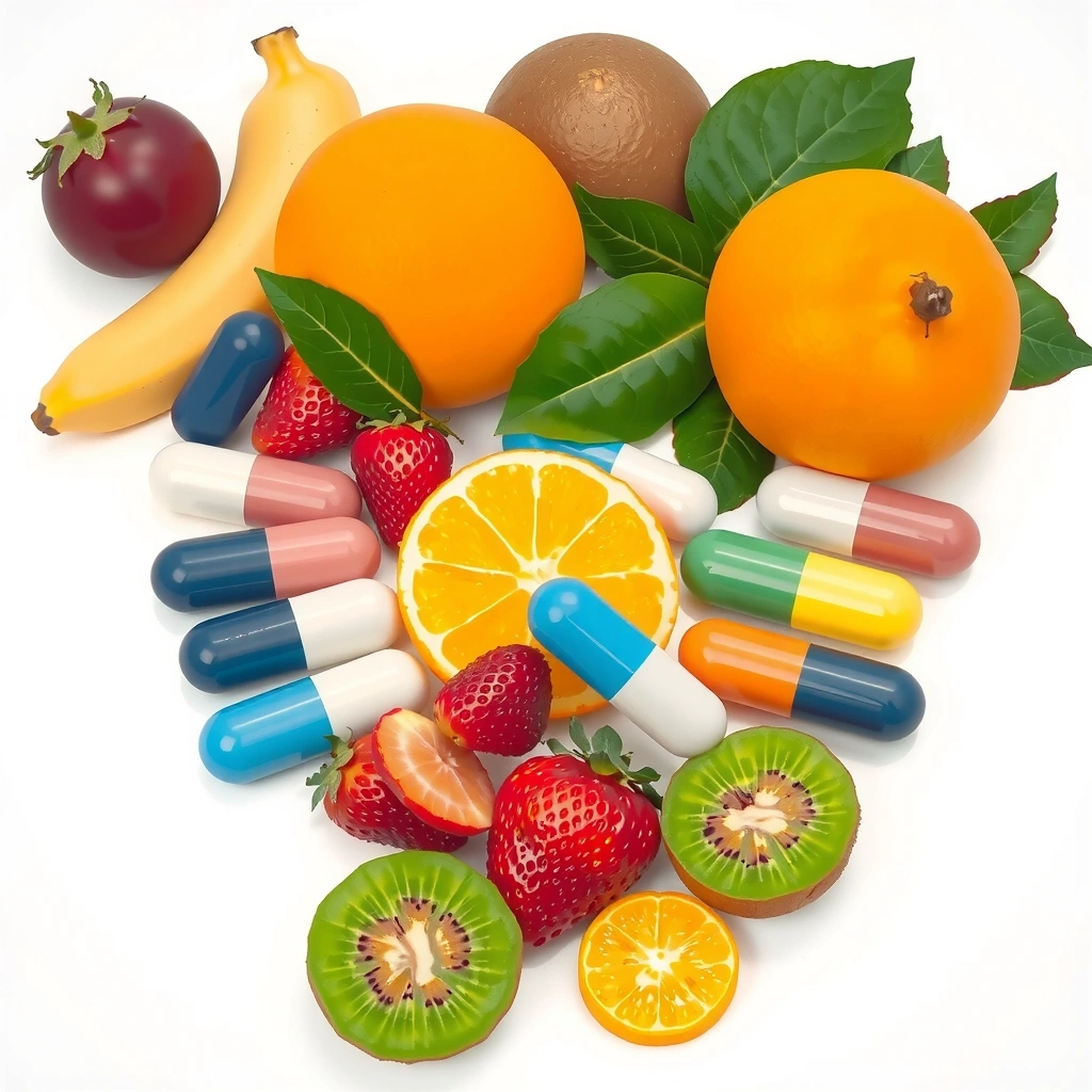 Ilustrație cu diverse vitamine și fructe