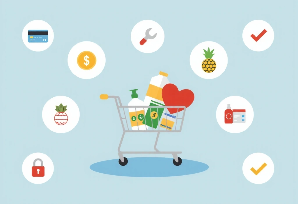 Ilustrație cu un cos de cumpărături virtual, produse și simboluri de plată securizată