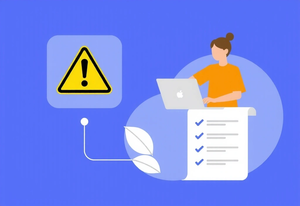 Ilustrație cu un panou de avertizare și o persoană care navighează pe internet, simbolizând responsabilitatea utilizatorului